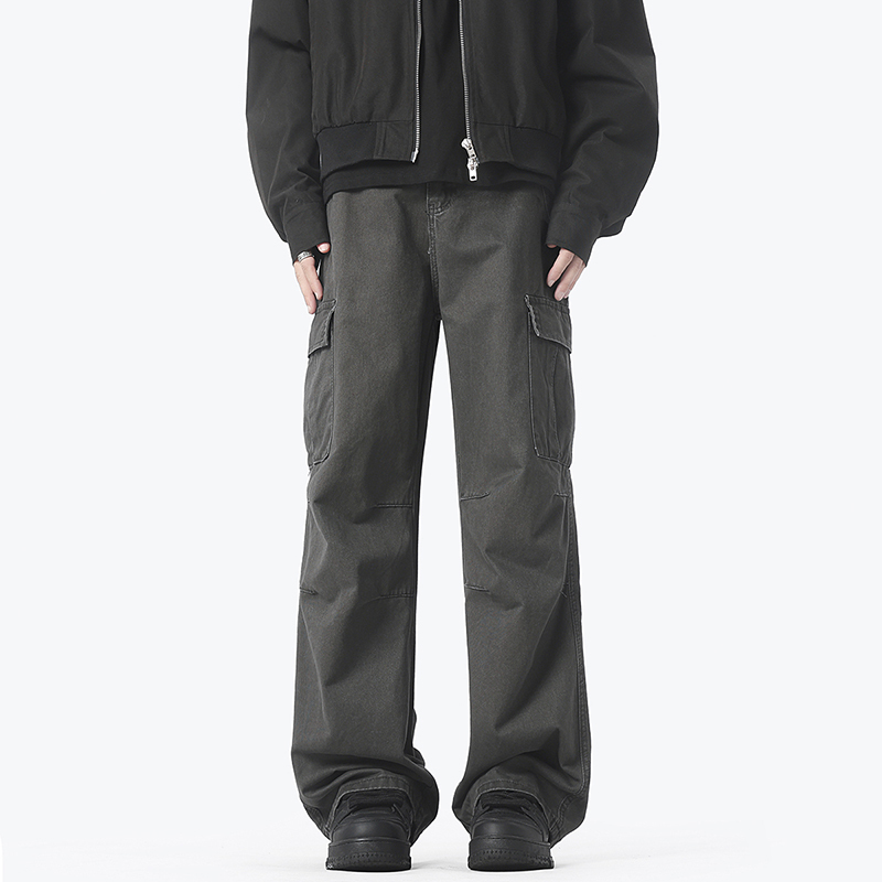 No Logo Straight-Leg Loose Washed Vintage Cargo Pants with Pockets and Pleated Paratrooper Pants