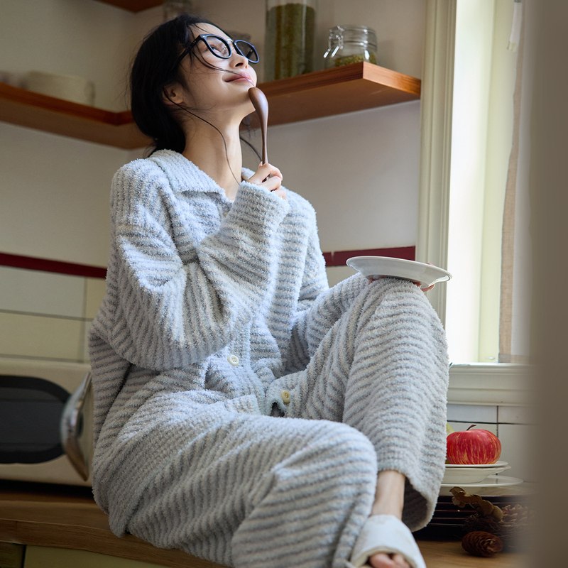 Tipsy Miss Pajamas Women's Set Half-Fleece Lined Warm Lapel Winter Cardigan Can Be Worn Outside Striped Loungewear
