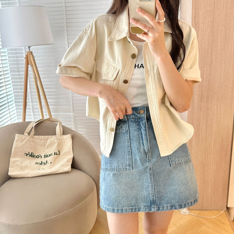 Solid Color Shirt Jacket Short-Sleeved Shirt for Women, Thin Outerwear, Hong Kong Style Cardigan, Short Top for Petite Women, Niche Summer Style