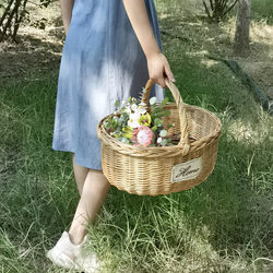 Rattan and Wicker Woven Picnic Basket, Hand-Held Flower Basket, Fruit Picking Bamboo Basket, Bamboo Woven Egg Basket, Bamboo Storage Basket