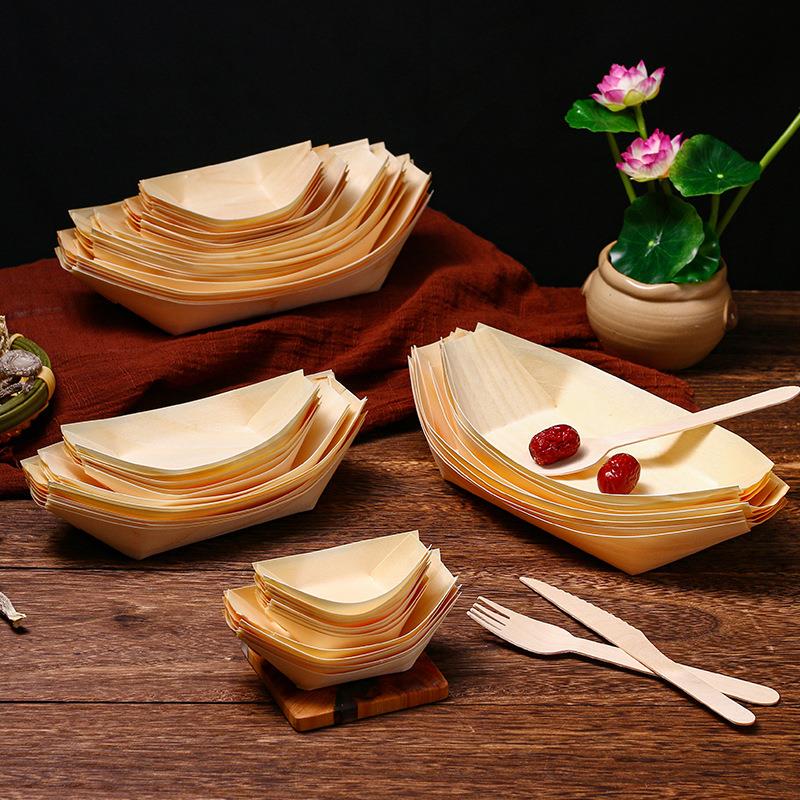 Bamboo Crafts Disposable Sushi Plates Display Snacks Desserts Treats Wooden Paper Boat Plates