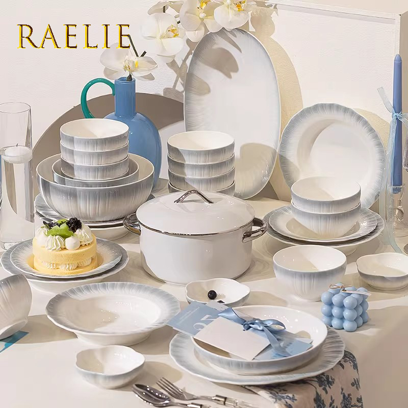 Raelie Bowl and Plate Set, Household Light Luxury Tableware, High-End Aesthetic Ceramic Bowls, Plates, Chopsticks, and Tableware for Moving into a New Home