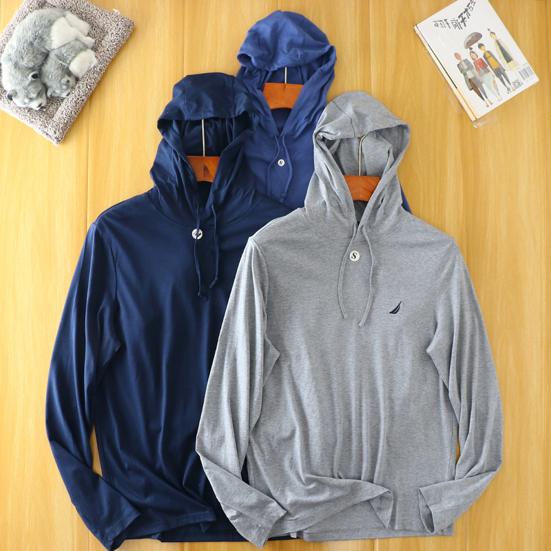 Go for the American Style! Spring and Summer Men's Thin, High-Elastic, Hooded Pullover Long-Sleeve T-Shirt Sweatshirt for Men