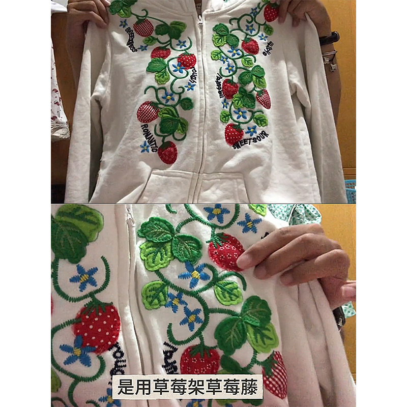 Heavy Embroidery Strawberry Vine Cardigan Sweatshirt for Women, Autumn Design, Niche Loose-Fitting Couple's Hooded Thin Jacket