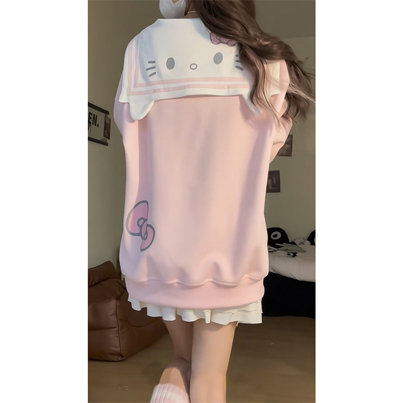 Cute Kitty Cat Navy Collar Sweatshirt for Women, Spring and Autumn, Soft Girl Style, Petite, Preppy Style, Korean Chic Cardigan Jacket