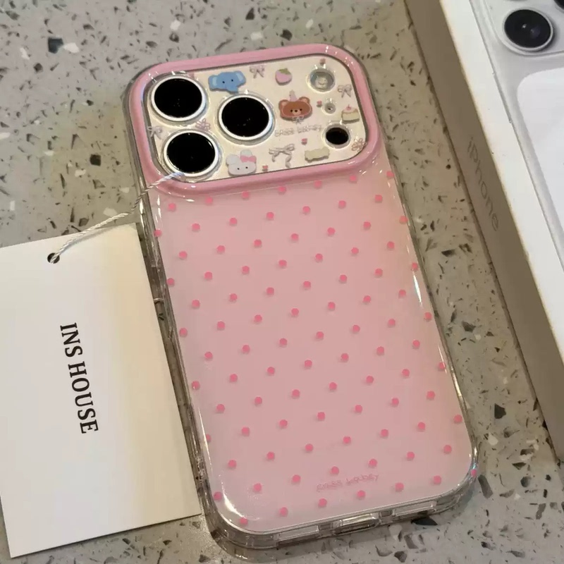 ins Korean Style Cute Pink Polka Dot Bear and Rabbit Phone Case Suitable for 17Pro Apple 17Promax, Full Coverage 14 New Model 16Promax Protective Case for Women iPhone 16