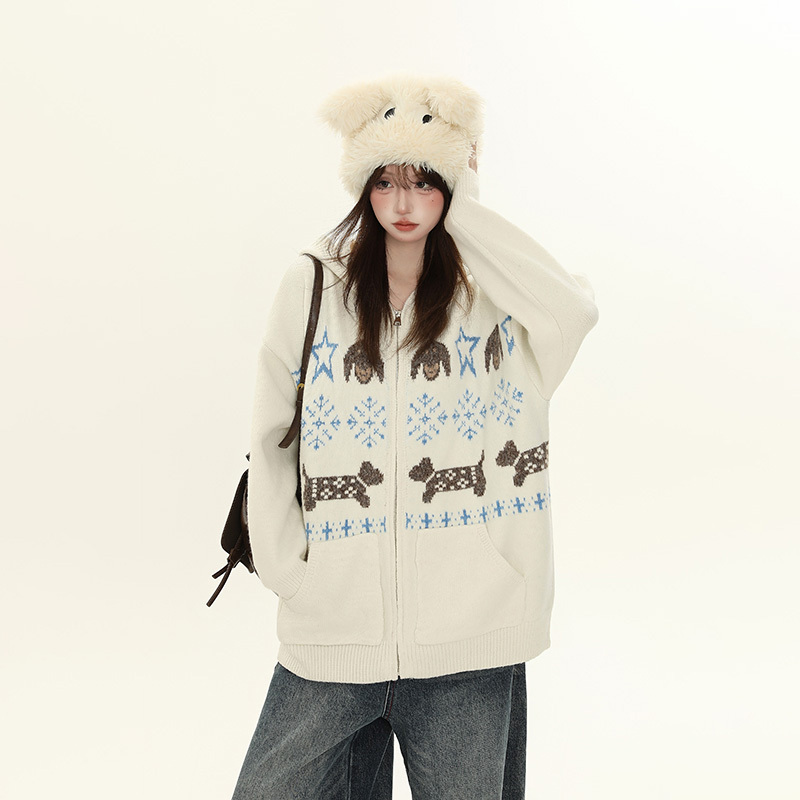 Yikojia American Retro Jacquard Hooded Sweater Jacket for Women, Loose Fit, Slimming, Versatile Knitted Cardigan for Autumn, Trendy