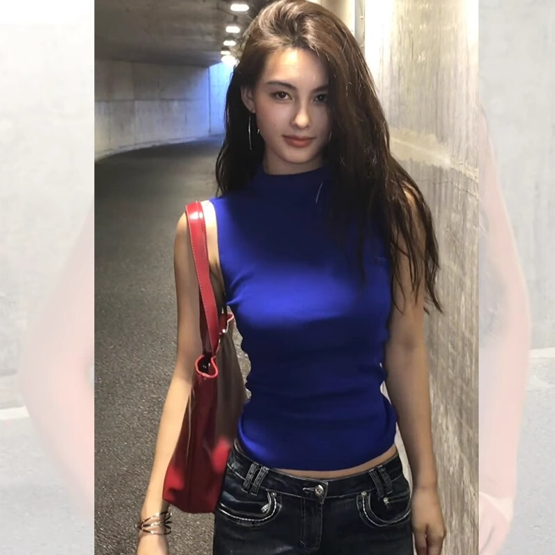 Half-High Collar Klein Blue Camisole for Women, Summer Tight-Fitting, Stylish, Niche, Pure and Sexy Sleeveless Top