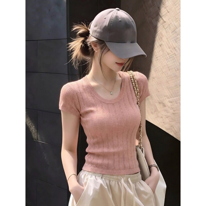 Commuting Korean-Style Hollow-Out Knit Short-Sleeve T-Shirt for Women, Summer Slim-Fit Design, Niche Pink Top Commuting Korean-Style Hollow-Out Knit Short-Sleeve T-Shirt for Women, Summer Slim-Fit Design, Niche Pink Top