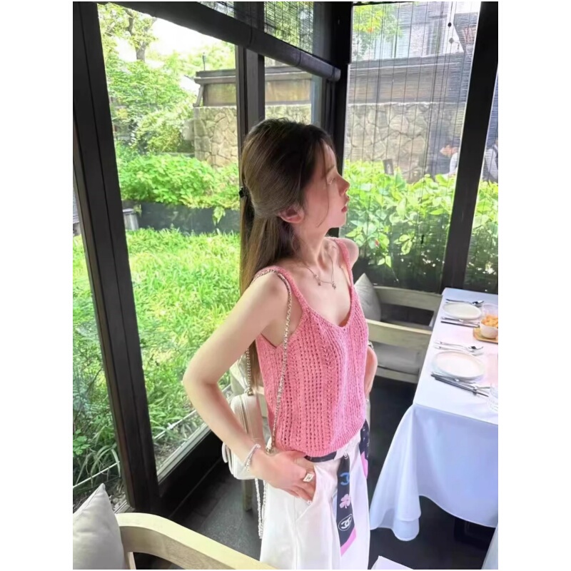 2026 Unique and Super Pretty Pink Knitted Camisole for Women, Summer Outerwear, Vacation Style, Sweet and Spicy Sleeveless Top