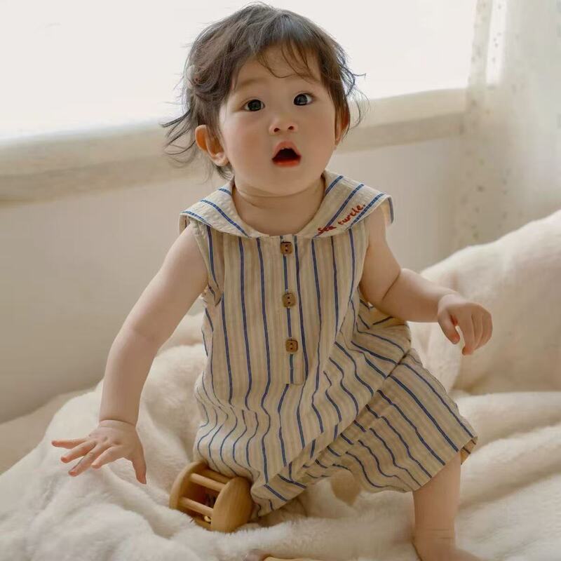 Baby Summer Romper for Boys and Girls, Sleeveless, Sailor Collar, Striped, Breathable, for Infants, Crawling Clothes