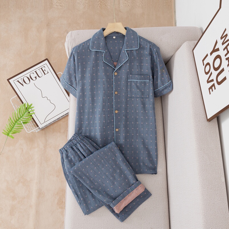 2025 New Summer Pure Cotton Gauze Pajamas for Men, Thin Short-Sleeved Long Pants, Can Be Worn Outside as Loungewear