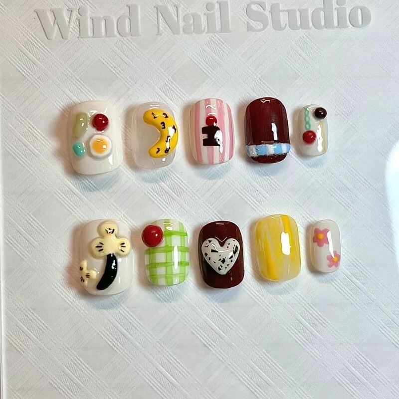 Purely Handmade, Wearable, Cute, Short, Three-Dimensional, Easy-To-Apply, Hand-Painted Cartoon Detachable Nail Art for Students