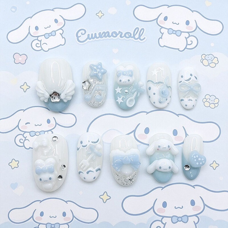 Vintage Milk Blue Cinnamon Dog Cute 3D Summer Sweet Blue and White Fresh Style Sweet Cool Versatile Nail Art Press-On Nails Vintage Milk Blue Cinnamon Dog Cute 3D Summer Sweet Blue and White Fresh Style Sweet Cool Versatile Nail Art Press-On Nails