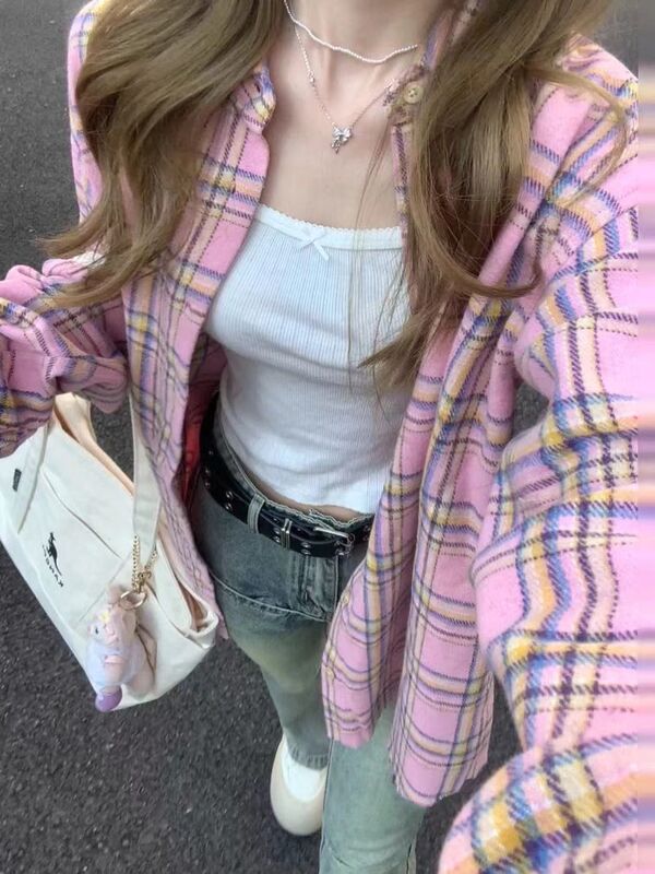 Forest-Style Sweet Pink Plaid Shirt for Women, Early Autumn, Medium-Thick, Loose, Casual, Slimming, Mid-Length Shirt, Outerwear Cardigan