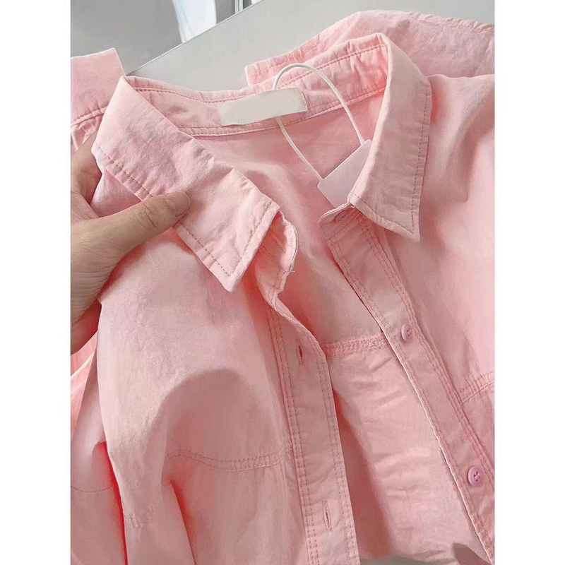 Dopamine Sweet Pink Pure Cotton Shirt for Women, Suitable for Layering or Wearing Alone, Autumn Long-Sleeve Thin Shirt, Loose and Versatile Top