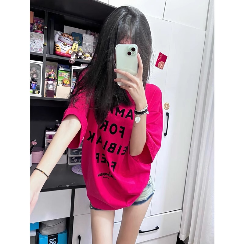 Dragon Fruit Letter Print Short-Sleeve T-Shirt for Women, Pure Cotton, Summer 2026 New Design, Niche Style, Rose Red Top
