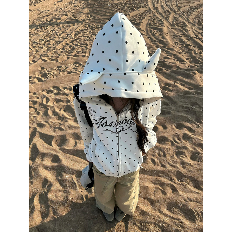 American-Style Korean Hot Girl Polka Dot All-Over Print Hooded Sweatshirt for Women, Cute Ear Zipper Cardigan, Loose Short Jacket for Autumn American-Style Korean Hot Girl Polka Dot All-Over Print Hooded Sweatshirt for Women, Cute Ear Zipper Cardigan, Loose Short Jacket for Autumn