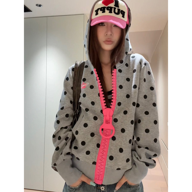 American-Style Hooded Sweatshirt with Large Zipper and Polka Dot Color-Blocking for Women, Thin Loose Casual Hoodie, Gray Jacket Top for Autumn American-Style Hooded Sweatshirt with Large Zipper and Polka Dot Color-Blocking for Women, Thin Loose Casual Hoodie, Gray Jacket Top for Autumn