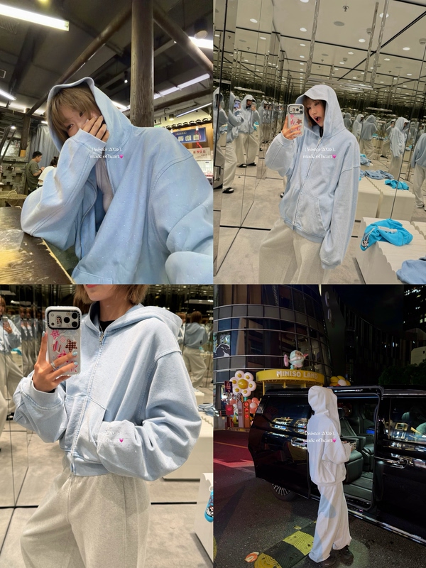Iystore Early Autumn Handmade Rhinestone Dyed Sky Blue Casual Sports Suit Wide Version/Small Version Jacket/Sweatpants