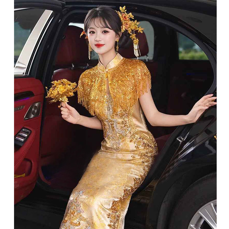 Champagne Gold Tassel Cheongsam Toast Dress 2026 New Bride Wedding Engagement Dress Skirt Homecoming Banquet Two-Piece Set