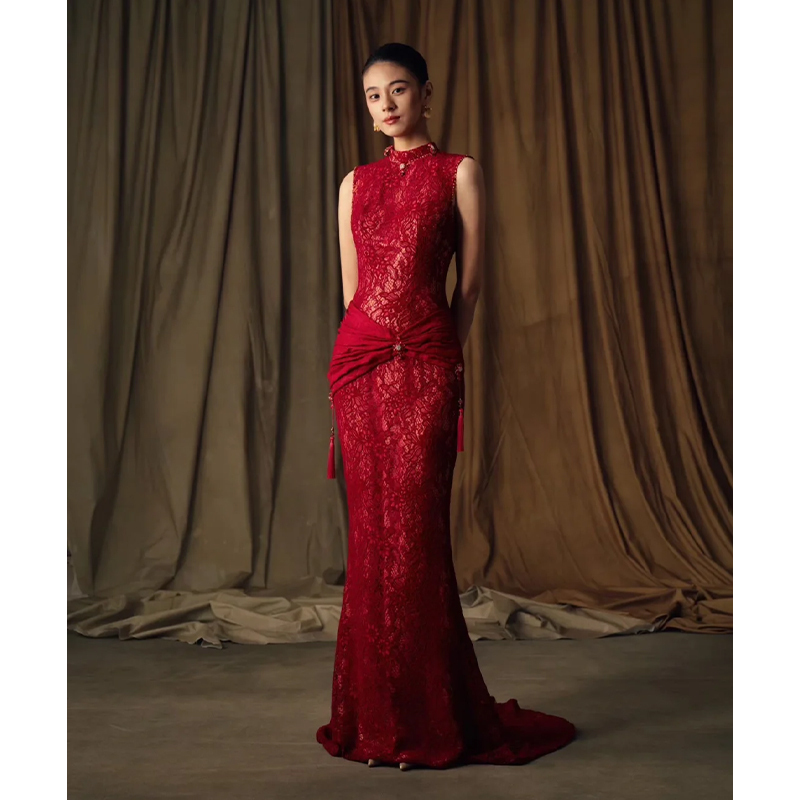 New Chinese-Style Red Qipao 2026 New Retro Style Slim-Fit Lace Fishtail Dress for Women Bride Engagement Toast Dress