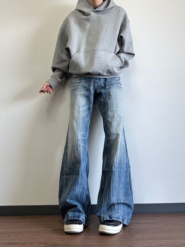 Yuanzw American Retro Washed Cracked Cleanfit Jeans for Men and Women, Trendy Straight-Leg Flared Long Pants