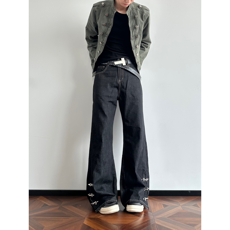 Yuanzw Niche High-End Airplane Buckle Jeans for Men and Women, New Flared Versatile Floor-Length Designer Pants