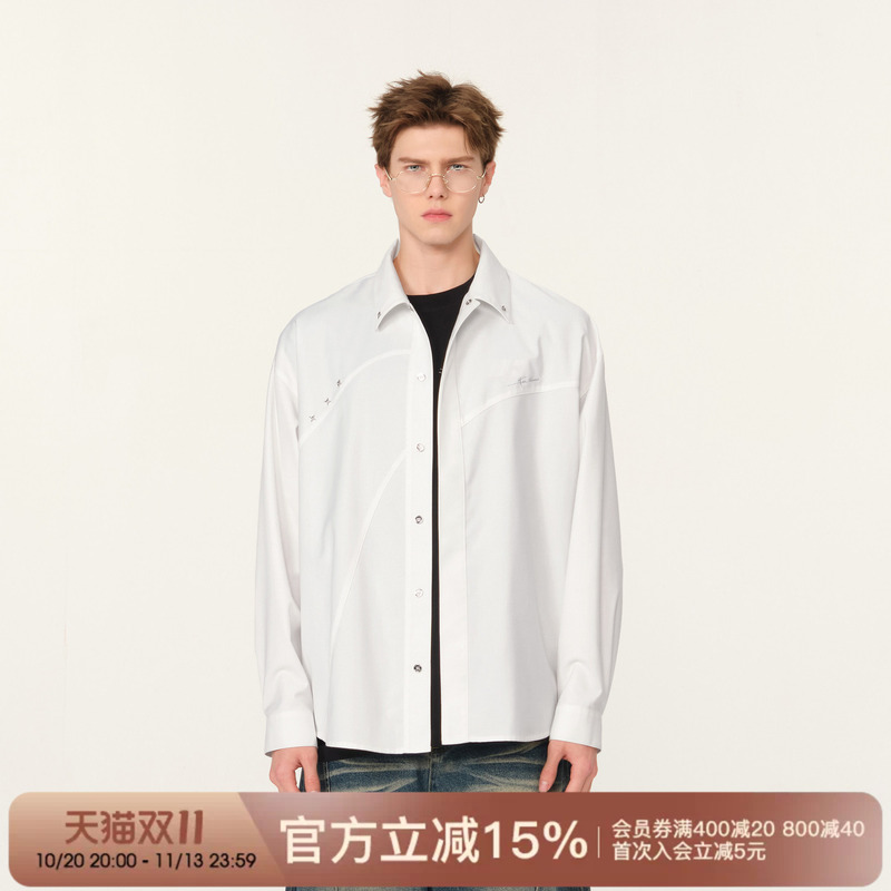 Fornines Design-Focused Niche Long-Sleeve Shirts for Men and Women, Couple's Autumn Embroidered Deconstructed White Shirt Jacket