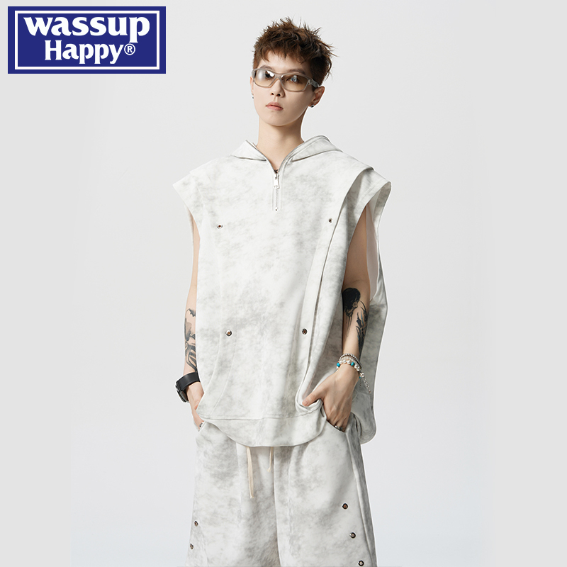 Wassup Happy American-Style Tie-Dye Sleeveless T-Shirt for Men, Summer Casual Vest with Hood, Sleeveless Vest Two-Piece Set