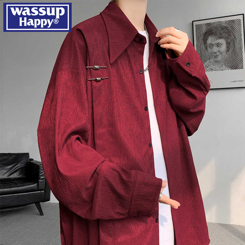 Wassup Happy New Chinoiserie Long-Sleeved Shirt for Men, Spring & Fall Casual Large Size Shirt, American High Street Top Wassup Happy New Chinoiserie Long-Sleeved Shirt for Men, Spring & Fall Casual Large Size Shirt, American High Street Top