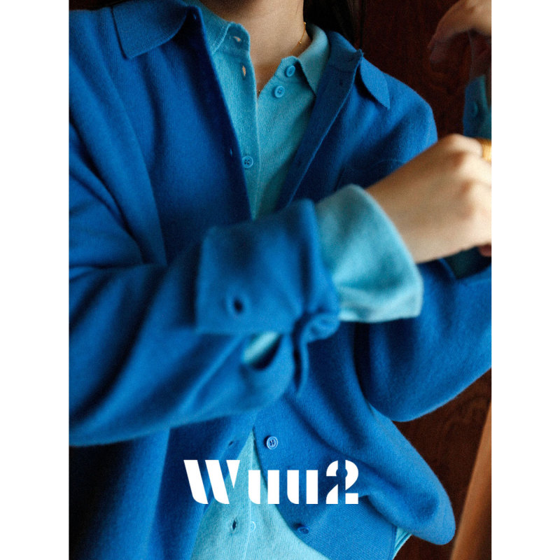 Wuu2 Has Seen the Ocean a Thousand Times, Polo Collar Blue Wool Sweater for Women, Knitted Cardigan for Autumn and Winter, Layered Look with a High-End Feel Wuu2 Has Seen the Ocean a Thousand Times, Polo Collar Blue Wool Sweater for Women, Knitted Cardigan for Autumn and Winter, Layered Look with a High-End Feel