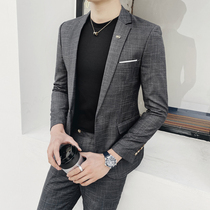 Casual bird suit mens jacket full set of plaid suit suit suit men yuppie groom wedding handsome trend