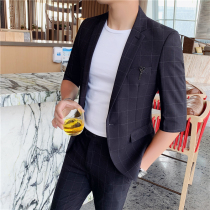 Summer thin quarter sleeve jersey suit suit suit men Korean slim ankle-length pants plaid suit sleeve two-piece sleeve