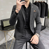 Casual plaid suit suit suit men Korean version of the trend slim dress two-piece handsome bridegroom small suit mens coat