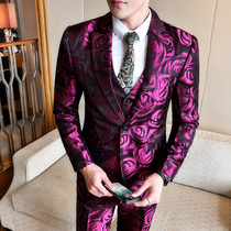 Studio Mens Suit Set British Slim Korean Personality Flower Night Shop Hairstylist Host Suit Three Piece Set