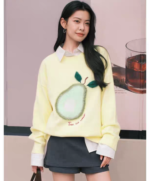 2025 Winter New Women's Casual Fun Avocado Pattern Round Neck Knit Sweater 950154