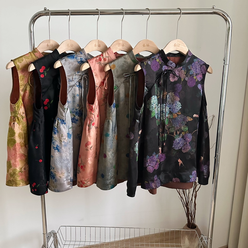 【Silkworm Whisper】 100% Mulberry Silk Fragrant Cloud Yarn Red Cloud Yarn Wide-Edged Tie A-Line Stand Collar Babydoll Shirt