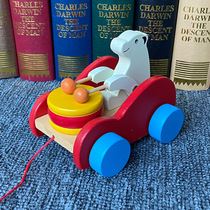Childrens wooden bear tractor baby drag toddler cartoon bear drum toy car animal white rabbit tractor
