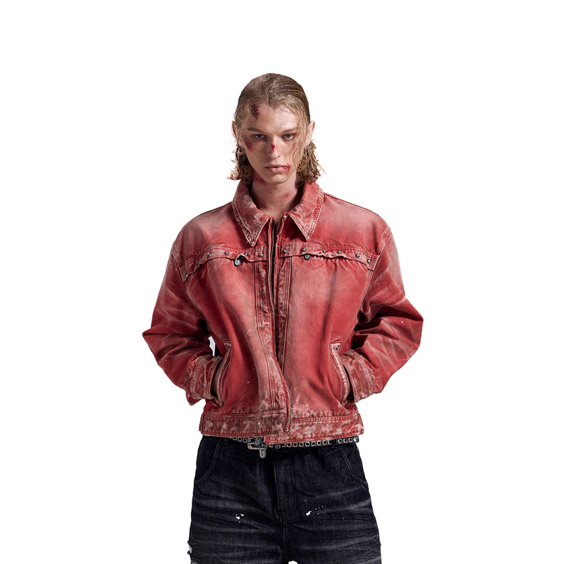 Has2Sons Red Detroit Washed Beaded Short Wide Version Dirty-Dyed Distressed Three-Dimensional Whiskered Jacket Studded Coat