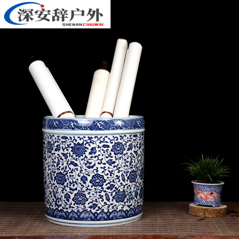 创京懿选景德镇手绘青花大号陶瓷笔筒毛笔画笔收纳桶字画缸书房装评价