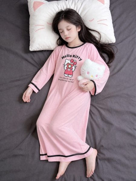 New Children's Home Clothes Pure Cotton Hellokitty Cartoon Nightgown Women's Long-Sleeved Spring & Fall Loose and Cute Home Clothes