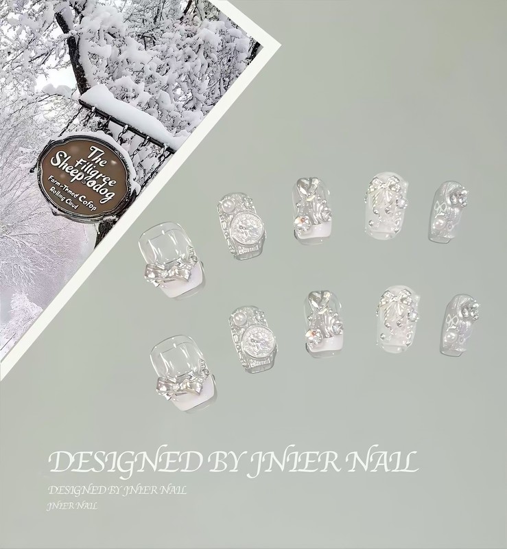 Jnier Nail｜"Baroque Fantasy" Silver and Color-Block Swarovski Full Rhinestone Bowknot Nail Art for Girls