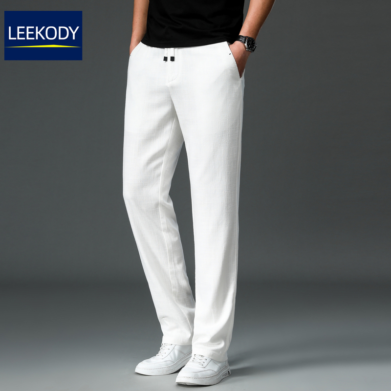 Leekody High-End Off-White Linen Casual Pants for Men, Summer Thin Loose Straight-Leg Drapey Ice Silk Trousers