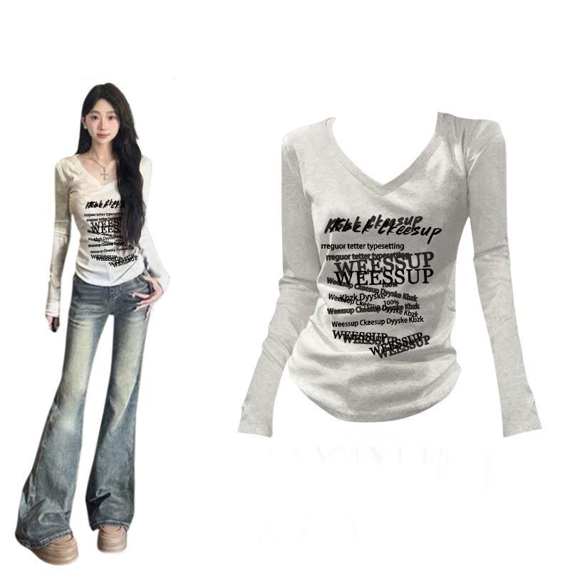 American Retro Letter Print Top, Warm and Suitable for Commuting, V-Neck, Slim Fit, Flattering T-Shirt, Sweet Style, Long-Sleeved Top for Students