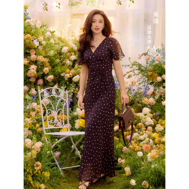 [Same Style as Zhu Zhu] Yijia Floral Slimming Elegant Dress Long Skirt 26 Mall Same Style 1H5190331