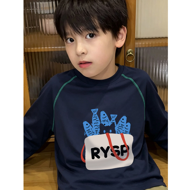 Pure Cotton Boys' Long-Sleeved T-Shirt Early Autumn Little Boy Printed Inner Layering Shirt New Style Kidsren's Round Neck Kidsren's Clothing Top
