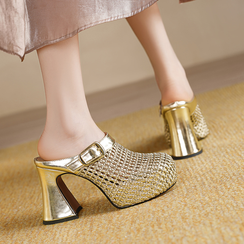 12cm Ultra-High Heel Chunky Platform Sandals for Women, Closed-Toe, Outdoor Wear, Waterproof, Woven, Breathable, Hollow-Out Half Slippers