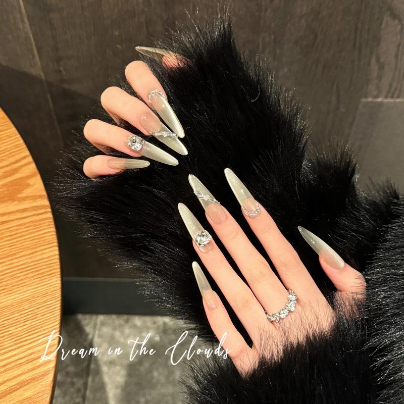 【Champagne Swirl】Very Beautiful~ Manicure Wearable Nails with a High-End Feel, Socialite Style, Slender and Brightening Cat-Eye Diamond Stickers