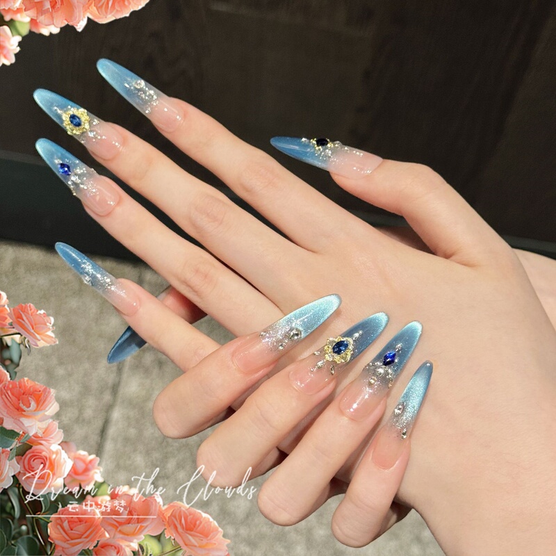 【Blue Ripples】Handmade Wearable Nails High-End Mid-Length Blue Palace Style Cat Eye Gradient Noble Beauty 【Blue Ripples】Handmade Wearable Nails High-End Mid-Length Blue Palace Style Cat Eye Gradient Noble Beauty